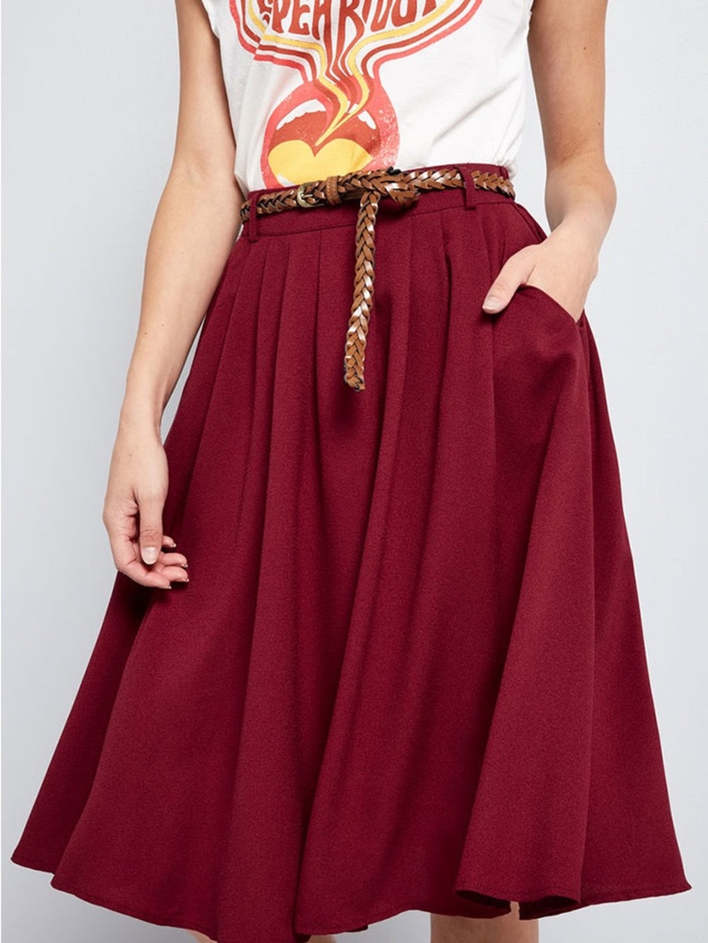 ModCloth Pleated Swing Midi Skirt Burgundy – Classic Flared Design